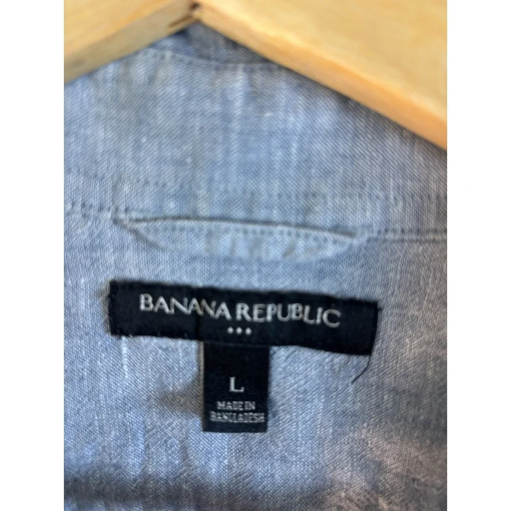 Banana Republic Mens L Blue Linen Blend  Button Down Short Sleeve Shirt Cool